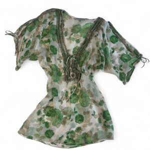 Women's Sheer Green Floral Beaded Blouse Top sz m